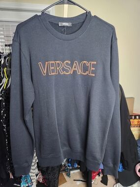 Versace Black Crewneck Sweatshirt with Orange Logo Outline